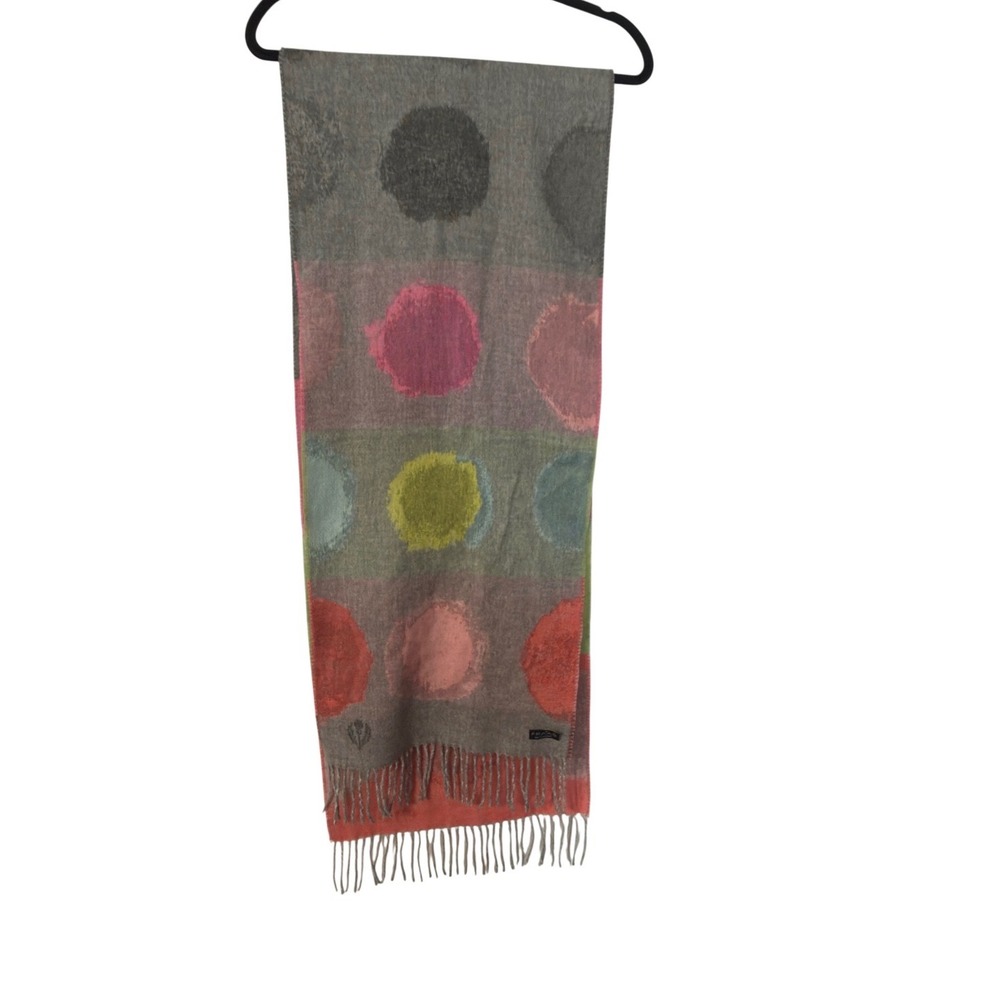Fraas Cashmink Scarf Multicolor Polka Dot Colorblock Fringe‎ Gray Pink Green